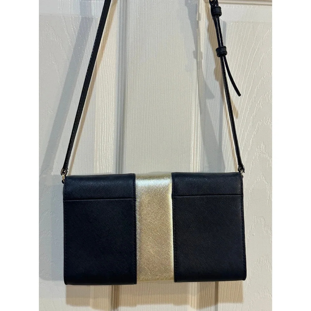 Kate Spade New York Saffiano Leather Crossbody Bag Navy Blue Gold Stripe